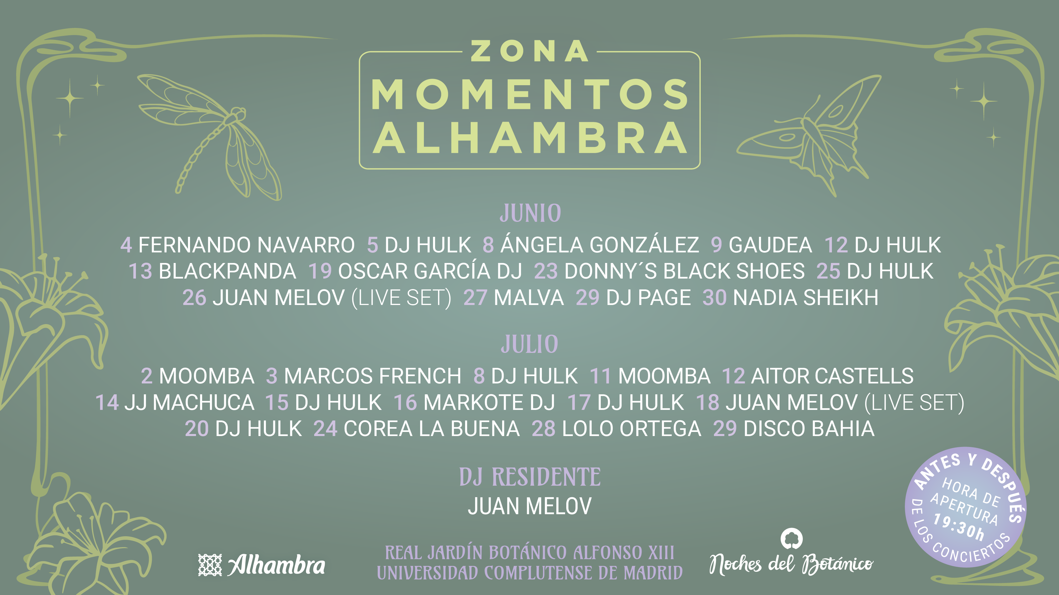Cartel de la Zona Momentos Alhambra en Noches del Botánico 2025